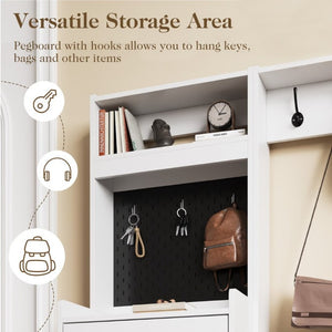 English Elm 5-In-1 Entryway Cabinet Tall Narrow Pegboard Organizer with Flip Shoe Storage Shelf White T6051P539611