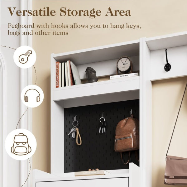 English Elm 5-In-1 Entryway Cabinet Tall Narrow Pegboard Organizer with Flip Shoe Storage Shelf White T6051P539611