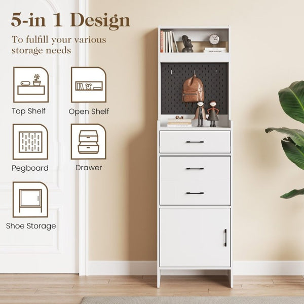 English Elm 5-In-1 Entryway Cabinet Tall Narrow Pegboard Organizer with Flip Shoe Storage Shelf White T6051P539611
