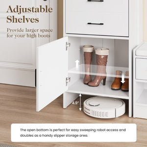 English Elm 5-In-1 Entryway Cabinet Tall Narrow Pegboard Organizer with Flip Shoe Storage Shelf White T6051P539611