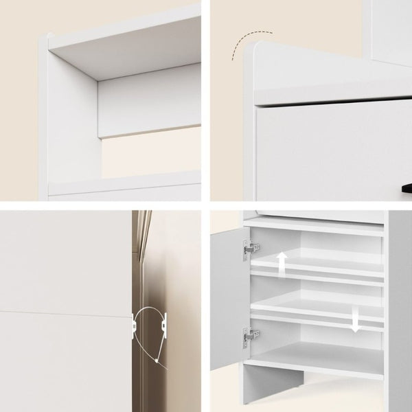 English Elm 5-In-1 Entryway Cabinet Tall Narrow Pegboard Organizer with Flip Shoe Storage Shelf White T6051P539611