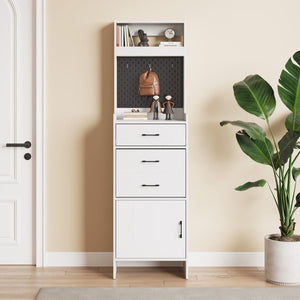 English Elm 5-In-1 Entryway Cabinet Tall Narrow Pegboard Organizer with Flip Shoe Storage Shelf White T6051P539611