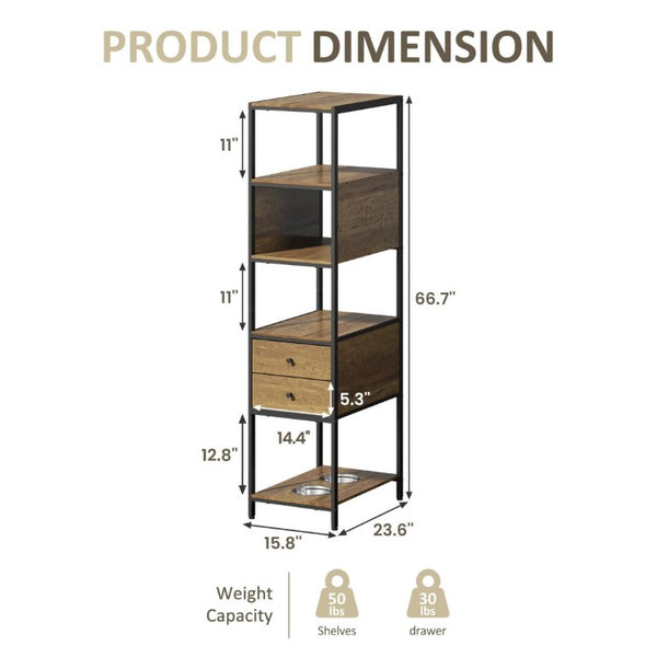 English Elm Industrial Bookshelf Pet Feeding Station with Metal Frame Open Shelves and Wood Finish T6051P539620