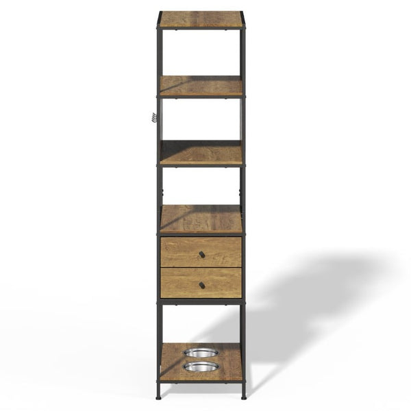 English Elm Industrial Bookshelf Pet Feeding Station with Metal Frame Open Shelves and Wood Finish T6051P539620