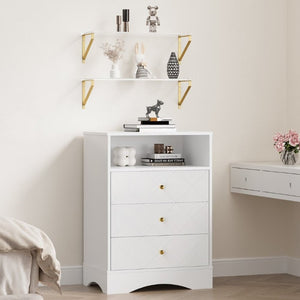 English Elm Dresser with X Front Drawers Gold Knobs Acrylic Shelves White Modern Kids Bedroom T6051P539635