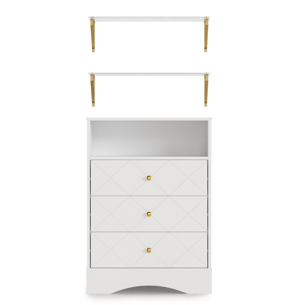 English Elm Dresser with X Front Drawers Gold Knobs Acrylic Shelves White Modern Kids Bedroom T6051P539635