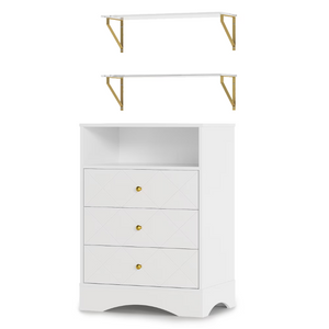 English Elm Dresser with X Front Drawers Gold Knobs Acrylic Shelves White Modern Kids Bedroom T6051P539635