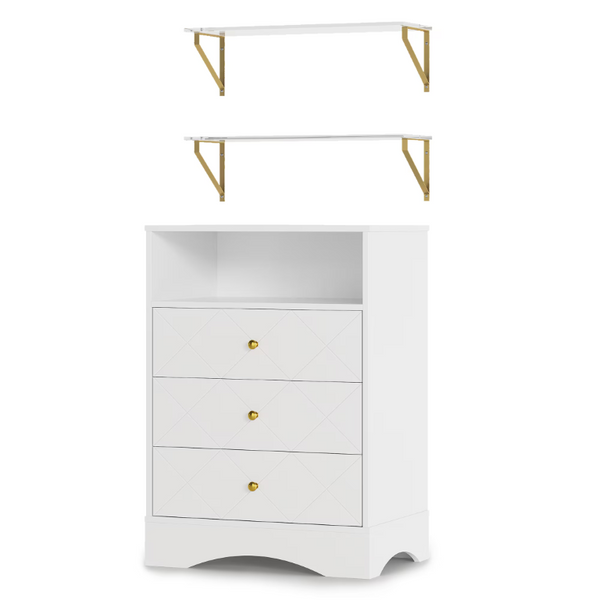 English Elm Dresser with X Front Drawers Gold Knobs Acrylic Shelves White Modern Kids Bedroom T6051P539635