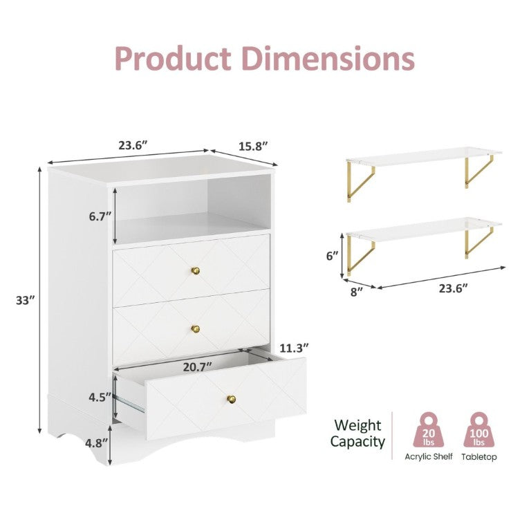 English Elm Dresser with X Front Drawers Gold Knobs Acrylic Shelves White Modern Kids Bedroom T6051P539635