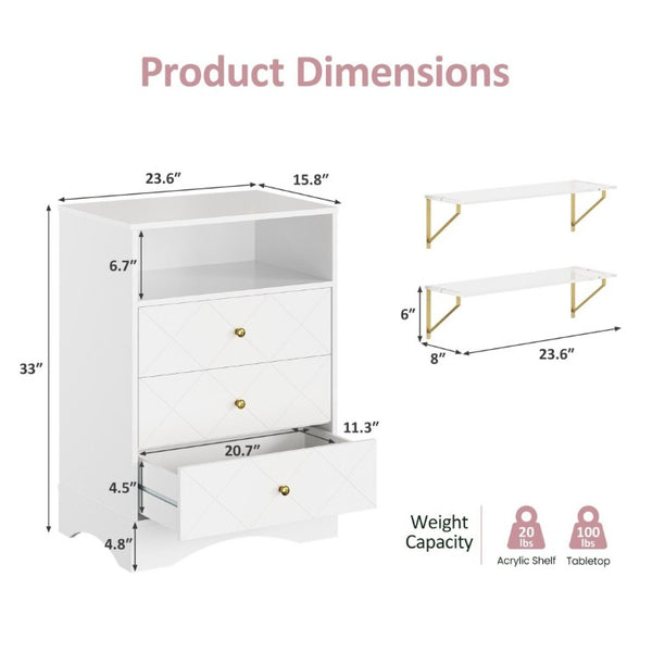 English Elm Dresser with X Front Drawers Gold Knobs Acrylic Shelves White Modern Kids Bedroom T6051P539635