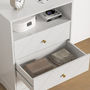 English Elm Dresser with X Front Drawers Gold Knobs Acrylic Shelves White Modern Kids Bedroom T6051P539635