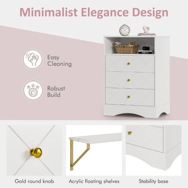 English Elm Dresser with X Front Drawers Gold Knobs Acrylic Shelves White Modern Kids Bedroom T6051P539635