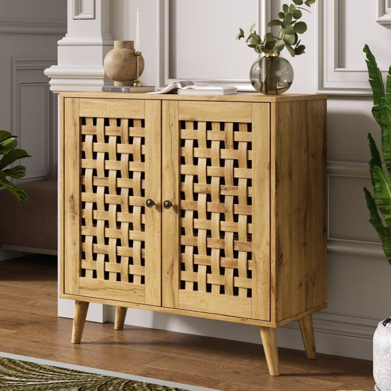 English Elm Storage Cabinet with Basket Weave Doors Solid Oak Legs Adjustable Shelves Farmhouse Buffet T6051P539646