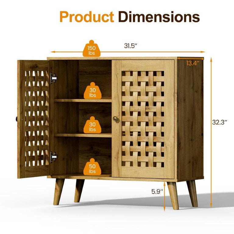 English Elm Storage Cabinet with Basket Weave Doors Solid Oak Legs Adjustable Shelves Farmhouse Buffet T6051P539646