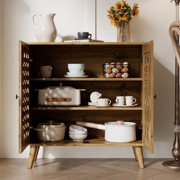English Elm Storage Cabinet with Basket Weave Doors Solid Oak Legs Adjustable Shelves Farmhouse Buffet T6051P539646