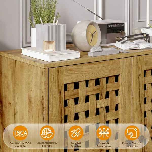 English Elm Storage Cabinet with Basket Weave Doors Solid Oak Legs Adjustable Shelves Farmhouse Buffet T6051P539646