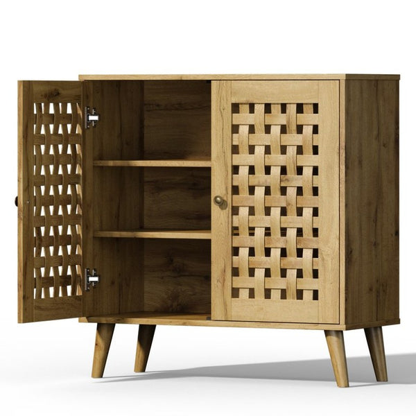 English Elm Storage Cabinet with Basket Weave Doors Solid Oak Legs Adjustable Shelves Farmhouse Buffet T6051P539646