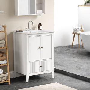 English Elm 24 Inch White Bathroom Vanity with Ceramic Sink Bronze Hardware and Raised Leg Cabinet T6051P539650