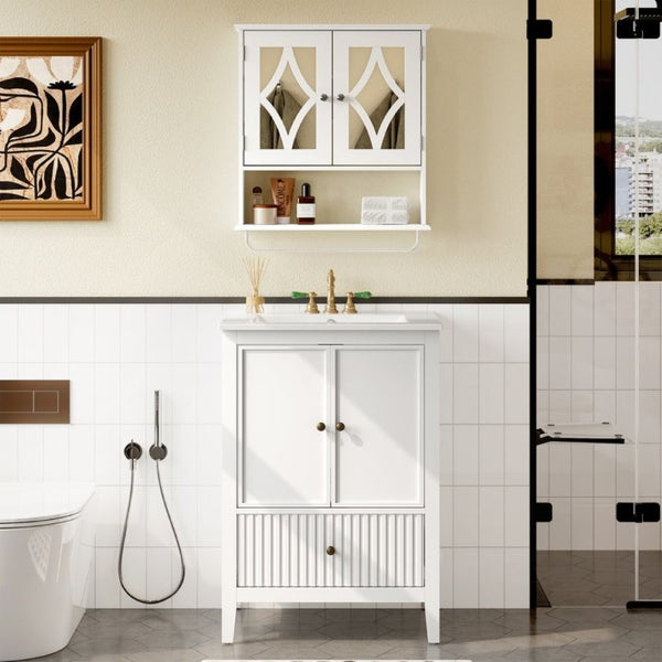 English Elm 24 Inch White Bathroom Vanity with Ceramic Sink Bronze Hardware and Raised Leg Cabinet T6051P539650