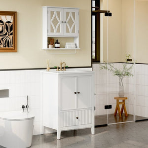 English Elm 24 Inch White Bathroom Vanity with Ceramic Sink Bronze Hardware and Raised Leg Cabinet T6051P539650