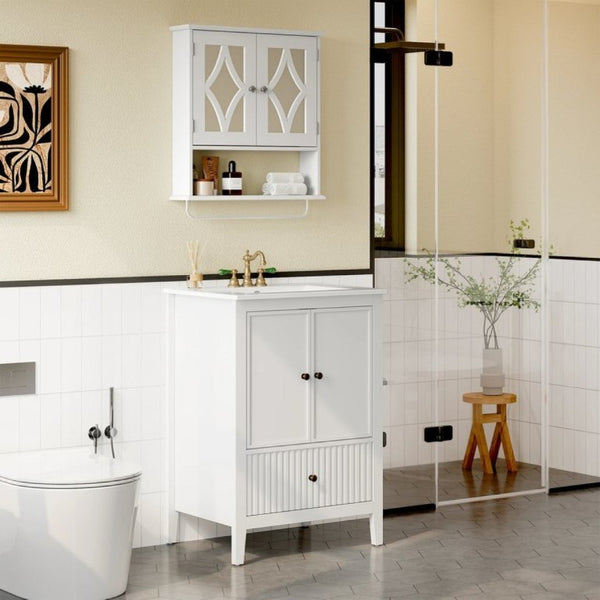English Elm 24 Inch White Bathroom Vanity with Ceramic Sink Bronze Hardware and Raised Leg Cabinet T6051P539650