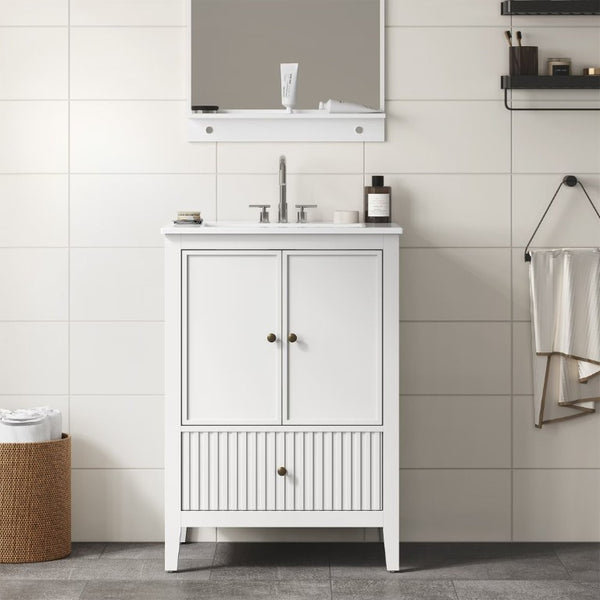 English Elm 24 Inch White Bathroom Vanity with Ceramic Sink Bronze Hardware and Raised Leg Cabinet T6051P539650