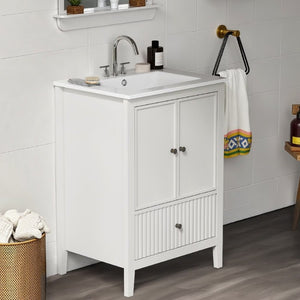 English Elm 24 Inch White Bathroom Vanity with Ceramic Sink Bronze Hardware and Raised Leg Cabinet T6051P539650