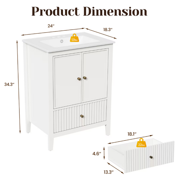 English Elm 24 Inch White Bathroom Vanity with Ceramic Sink Bronze Hardware and Raised Leg Cabinet T6051P539650
