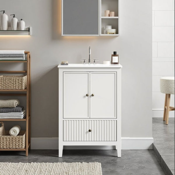 English Elm 24 Inch White Bathroom Vanity with Ceramic Sink Bronze Hardware and Raised Leg Cabinet T6051P539650