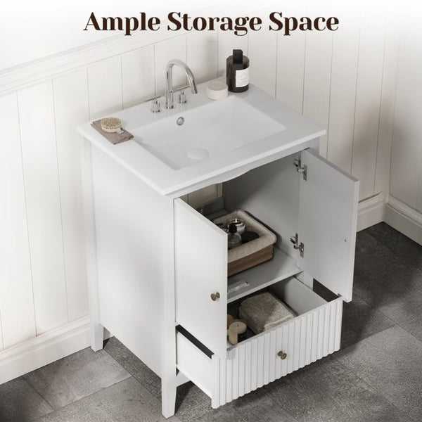 English Elm 24 Inch White Bathroom Vanity with Ceramic Sink Bronze Hardware and Raised Leg Cabinet T6051P539650
