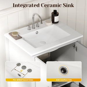 English Elm 24 Inch White Bathroom Vanity with Ceramic Sink Bronze Hardware and Raised Leg Cabinet T6051P539650