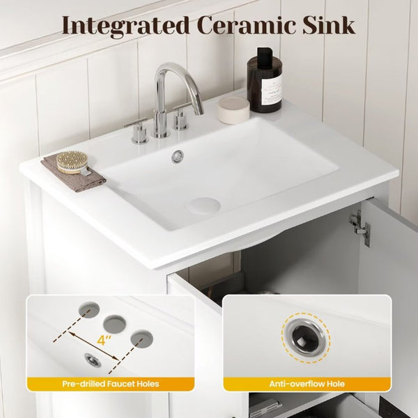English Elm 24 Inch White Bathroom Vanity with Ceramic Sink Bronze Hardware and Raised Leg Cabinet T6051P539650