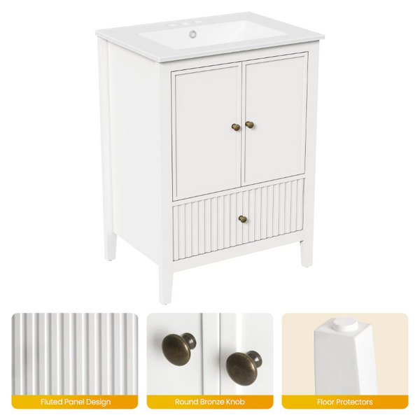 English Elm 24 Inch White Bathroom Vanity with Ceramic Sink Bronze Hardware and Raised Leg Cabinet T6051P539650