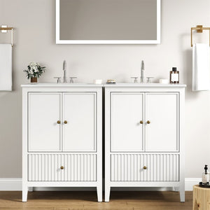 English Elm 24 Inch White Bathroom Vanity with Ceramic Sink Bronze Hardware and Raised Leg Cabinet T6051P539650