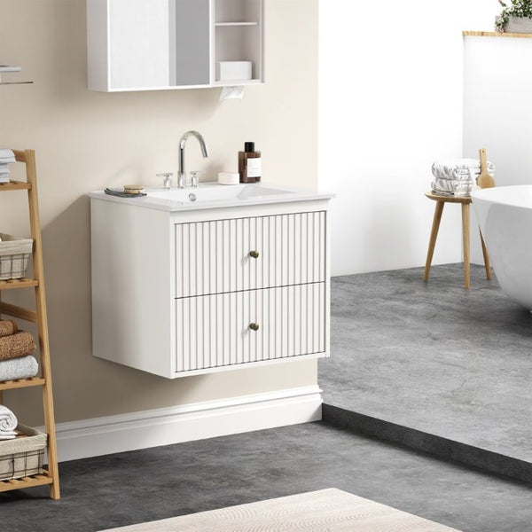 English Elm 24 Inch Floating Bathroom Vanity with Ceramic Sink Fluted Drawers Brass Hardware White T6051P539651