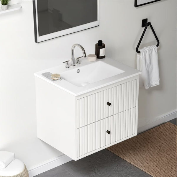 English Elm 24 Inch Floating Bathroom Vanity with Ceramic Sink Fluted Drawers Brass Hardware White T6051P539651