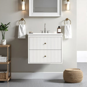 English Elm 24 Inch Floating Bathroom Vanity with Ceramic Sink Fluted Drawers Brass Hardware White T6051P539651