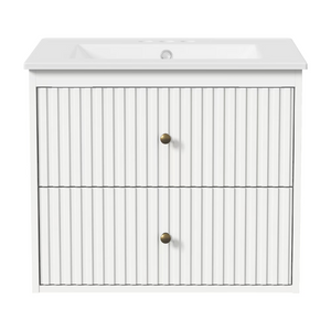 English Elm 24 Inch Floating Bathroom Vanity with Ceramic Sink Fluted Drawers Brass Hardware White T6051P539651