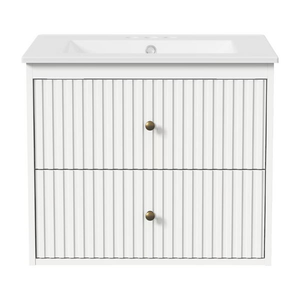 English Elm 24 Inch Floating Bathroom Vanity with Ceramic Sink Fluted Drawers Brass Hardware White T6051P539651