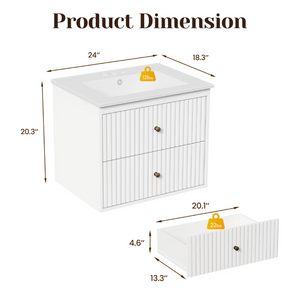 English Elm 24 Inch Floating Bathroom Vanity with Ceramic Sink Fluted Drawers Brass Hardware White T6051P539651