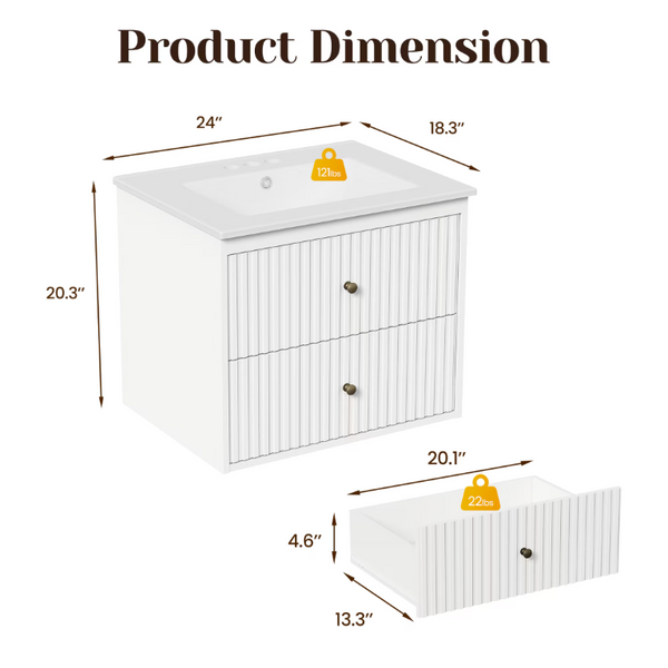 English Elm 24 Inch Floating Bathroom Vanity with Ceramic Sink Fluted Drawers Brass Hardware White T6051P539651