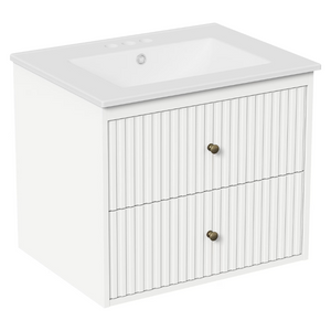 English Elm 24 Inch Floating Bathroom Vanity with Ceramic Sink Fluted Drawers Brass Hardware White T6051P539651