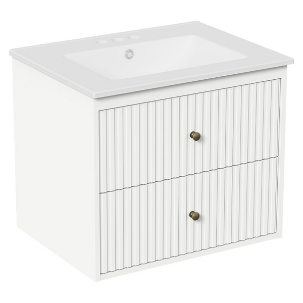 English Elm 24 Inch Floating Bathroom Vanity with Ceramic Sink Fluted Drawers Brass Hardware White T6051P539651
