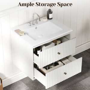 English Elm 24 Inch Floating Bathroom Vanity with Ceramic Sink Fluted Drawers Brass Hardware White T6051P539651