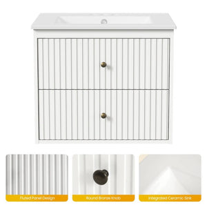 English Elm 24 Inch Floating Bathroom Vanity with Ceramic Sink Fluted Drawers Brass Hardware White T6051P539651