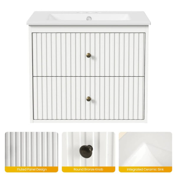 English Elm 24 Inch Floating Bathroom Vanity with Ceramic Sink Fluted Drawers Brass Hardware White T6051P539651