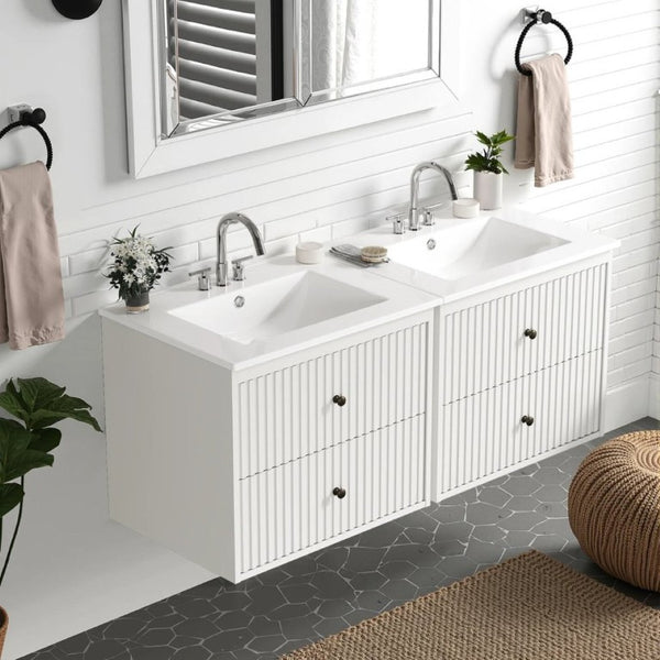 English Elm 24 Inch Floating Bathroom Vanity with Ceramic Sink Fluted Drawers Brass Hardware White T6051P539651