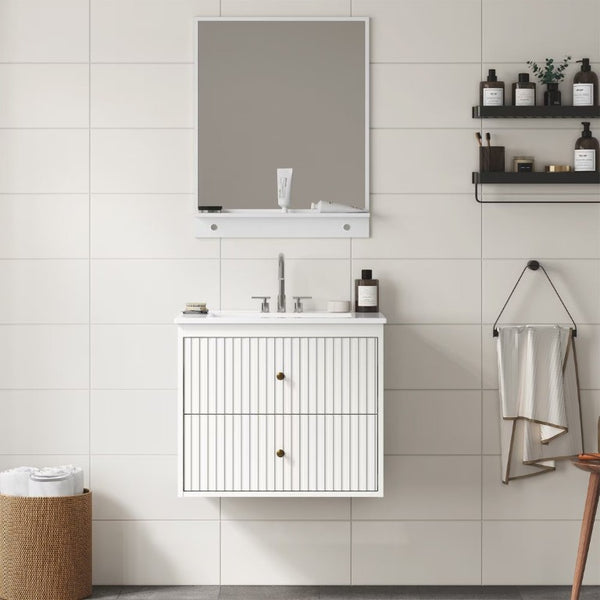 English Elm 24 Inch Floating Bathroom Vanity with Ceramic Sink Fluted Drawers Brass Hardware White T6051P539651