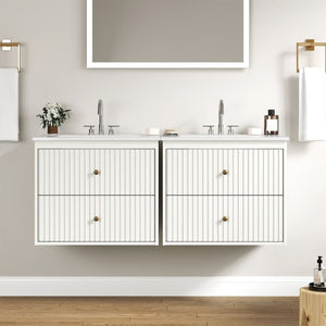 English Elm 24 Inch Floating Bathroom Vanity with Ceramic Sink Fluted Drawers Brass Hardware White T6051P539651