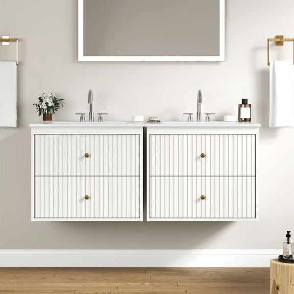 English Elm 24 Inch Floating Bathroom Vanity with Ceramic Sink Fluted Drawers Brass Hardware White T6051P539651